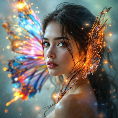 The primary subject of the image is a woman with a butterfly-shaped headpiece. She is wearing a dress and has a beautiful smile. The setting is a room with a backdrop of a wall. The visual style is a combination of a photo and digital art, creating a unique and eye-catching image. The colors and mood are vibrant and lively, with the woman's smile and the butterfly headpiece adding a sense of joy and playfulness to the scene.